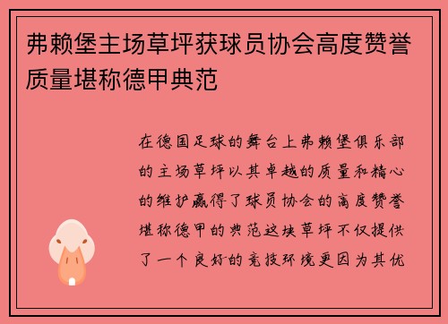 弗赖堡主场草坪获球员协会高度赞誉质量堪称德甲典范